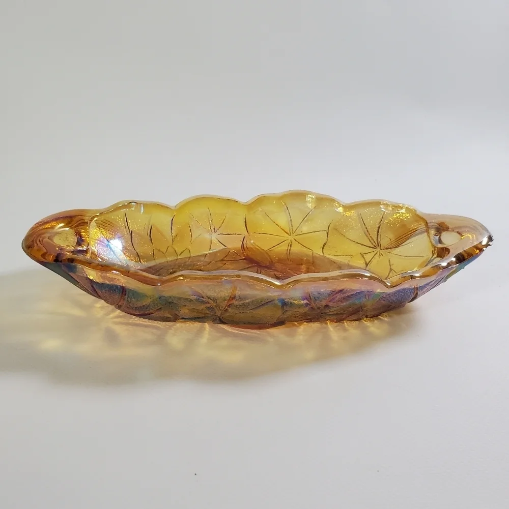 Indiana Glass Carnival Iridescent Amber Pickle Relish Dish Vintage